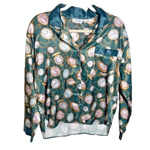Vintage Kathryn Women's Satin Night Sleep Shirt Clock Button-up Pocket Size M